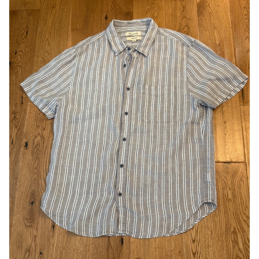 Madewell Mens Perfect Fit Linen Short Sleeve Button Down Striped Shirt Large